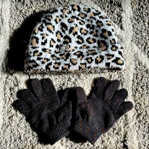 The children’s place s/m 4-7 beanie hat gloves cheetah leopard black glitter